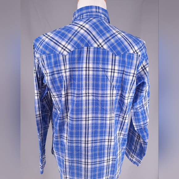 Wrangler Wrancher Western Blue Plaid Shirt Size Men's Xl Pearl Snap Long Sleeve - Picture 7 of 11